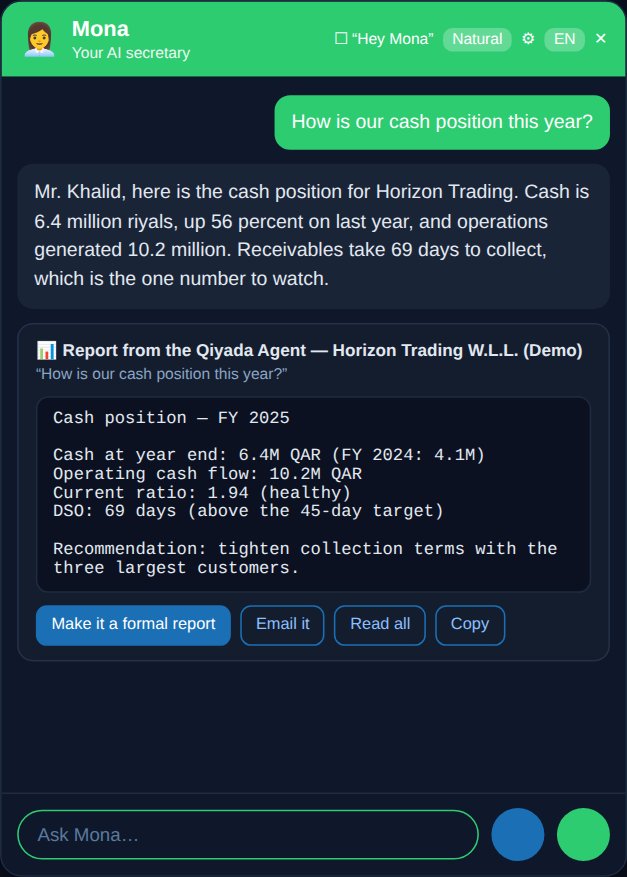 Mona answering a cash question with a report from the Qiyada