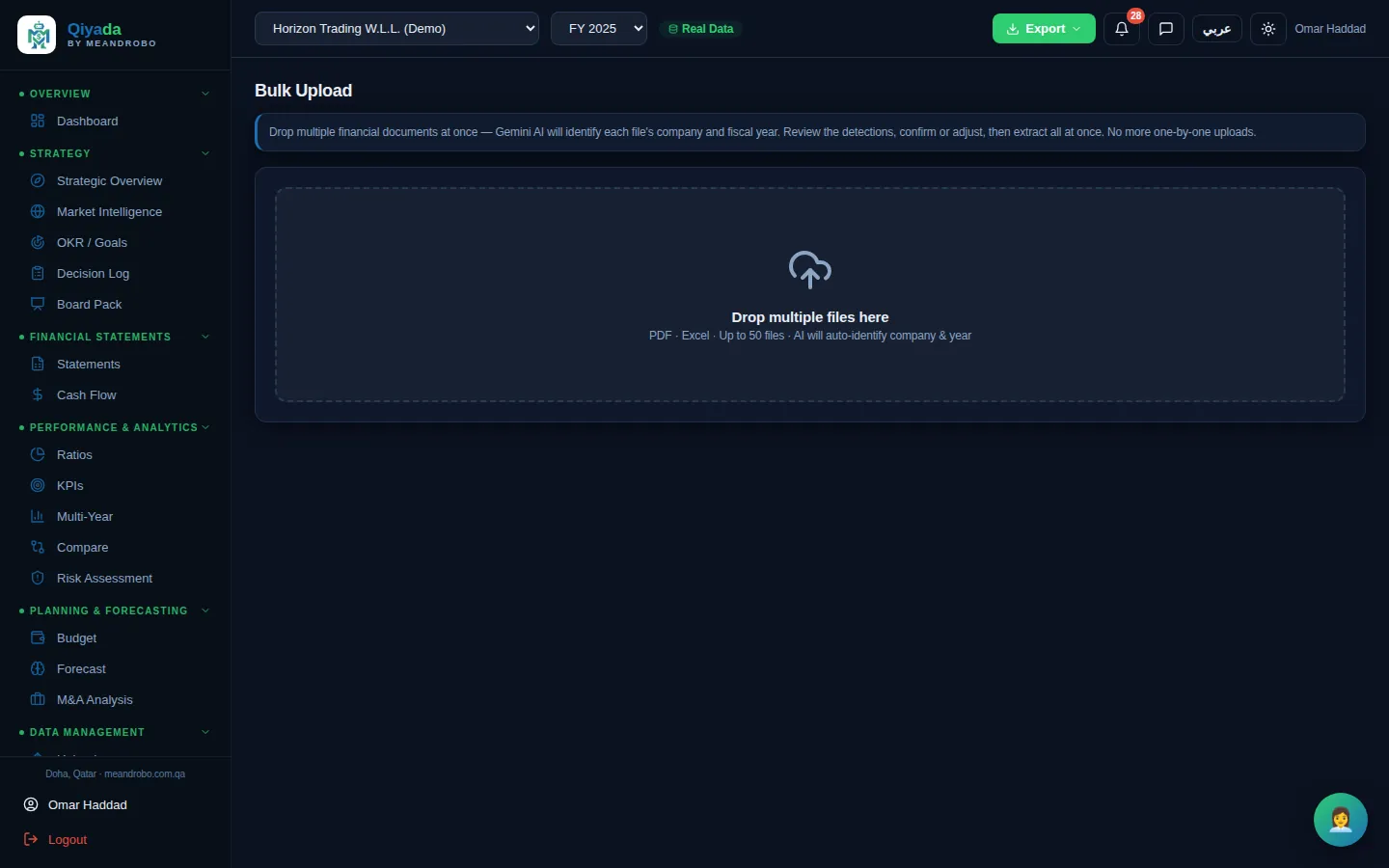 Bulk Upload — Up to 50 files at once. The AI works out which company, year and statement each file is; you review its suggestions, the