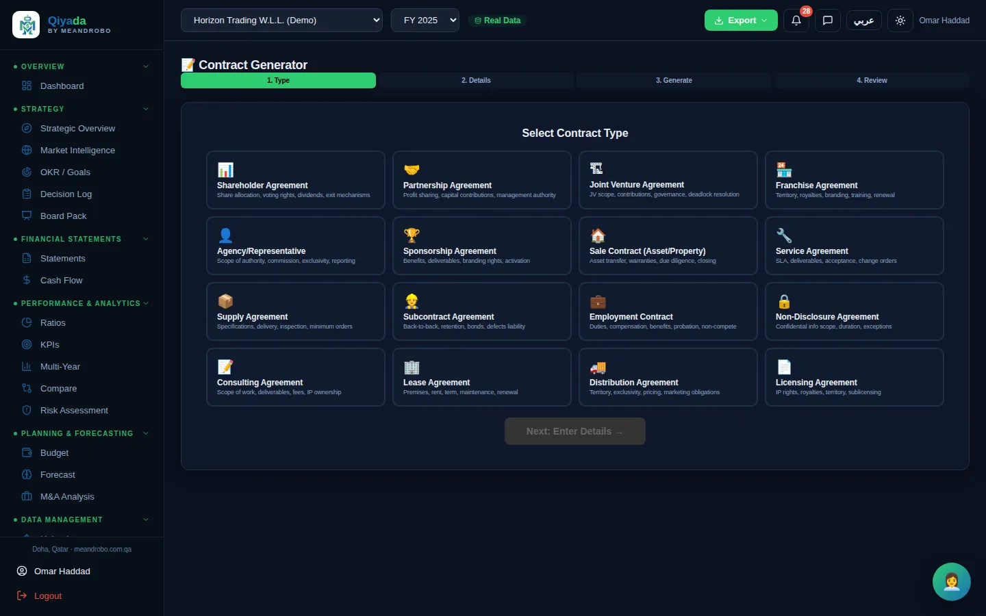 Contract Generator — Sixteen contract types — NDA, service, employment, lease, supply, distribution, shareholder, joint venture, agency, cons
