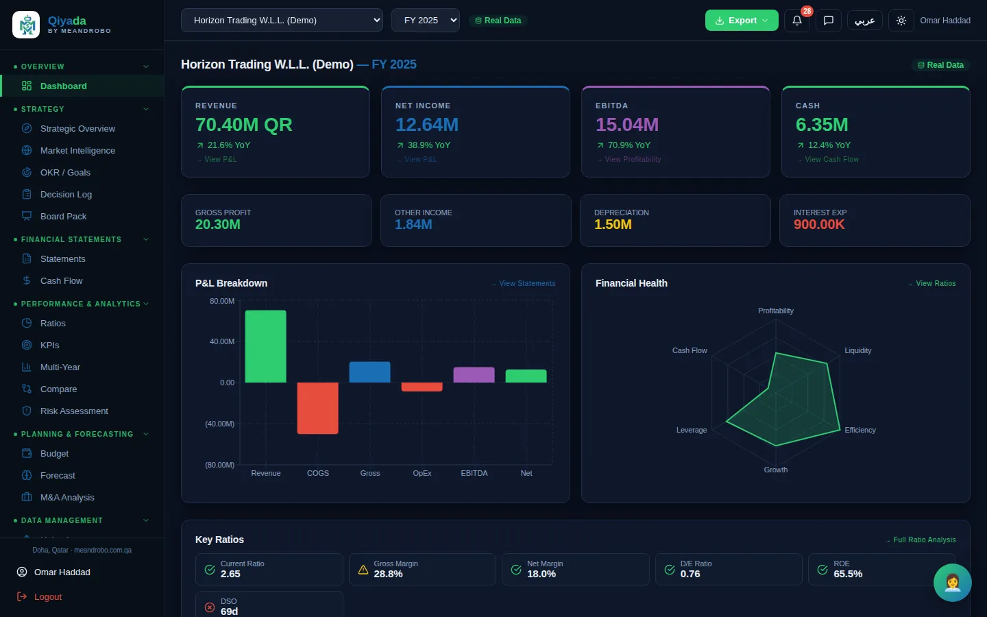 Dashboard — Revenue, net income, EBITDA and cash with year-on-year change, a P&L breakdown, a six-point financial-health radar and t