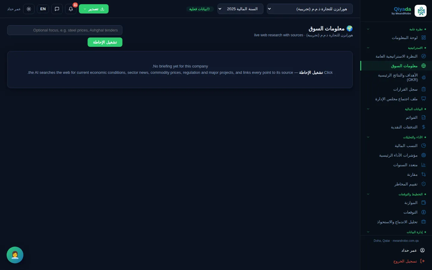 معلومات السوق — إحاطة عن قطاع شركتك وبلدها مبنية على بحث في الإنترنت: النظرة العامة، والمؤشرات الرئيسية، ومخاطر السوق، والفرص، وقائمة مت