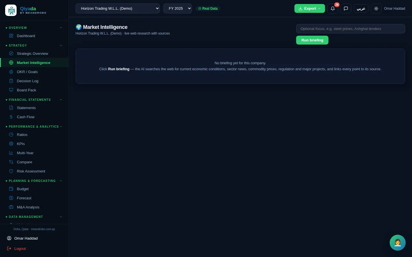 Market Intelligence — A market briefing for your company's industry and country, researched on the web: outlook, key indicators, market risks,