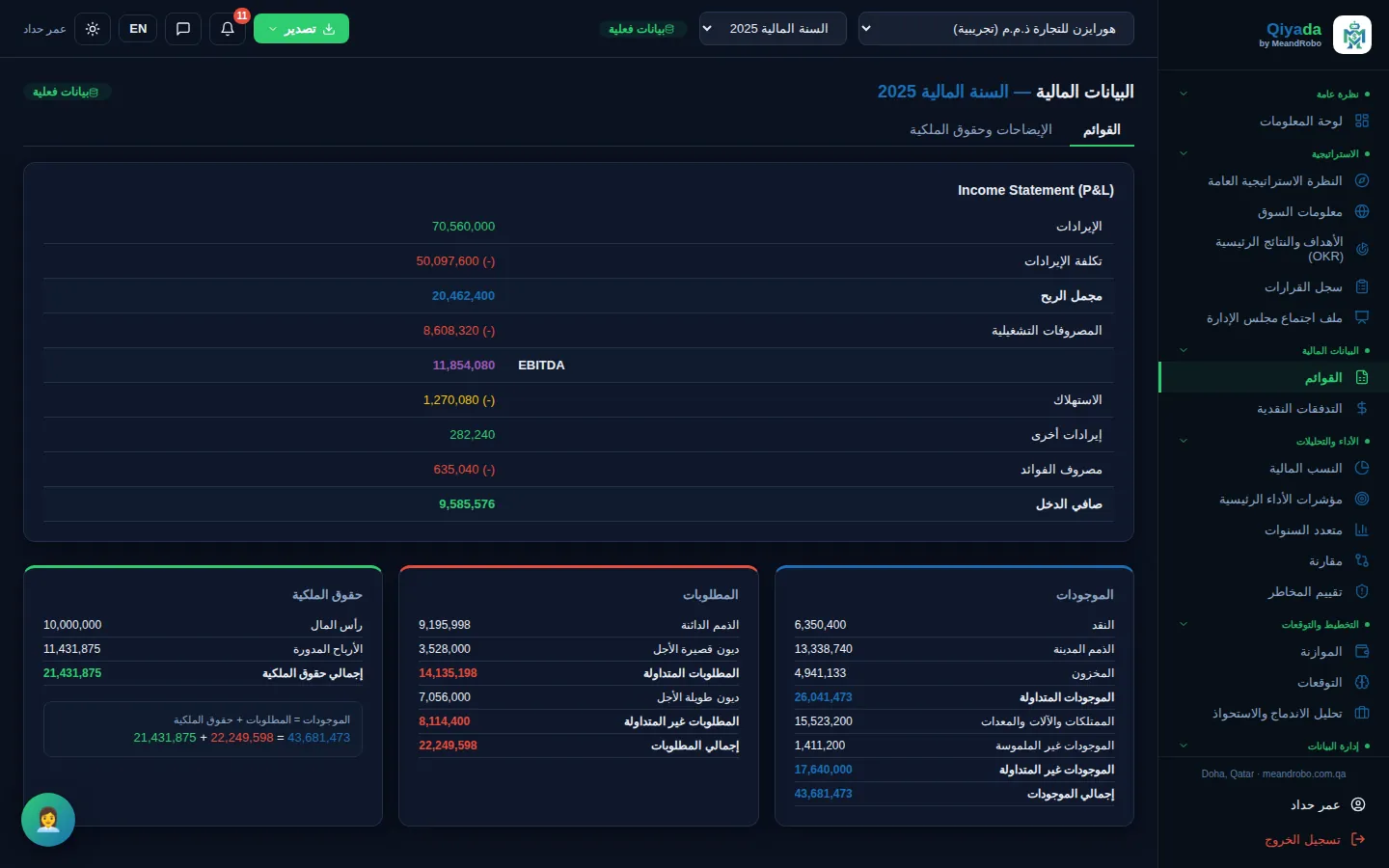 القوائم — قائمة الدخل والموجودات والمطلوبات وحقوق الملكية للسنة المختارة، مع فحص التوازن أسفلها.