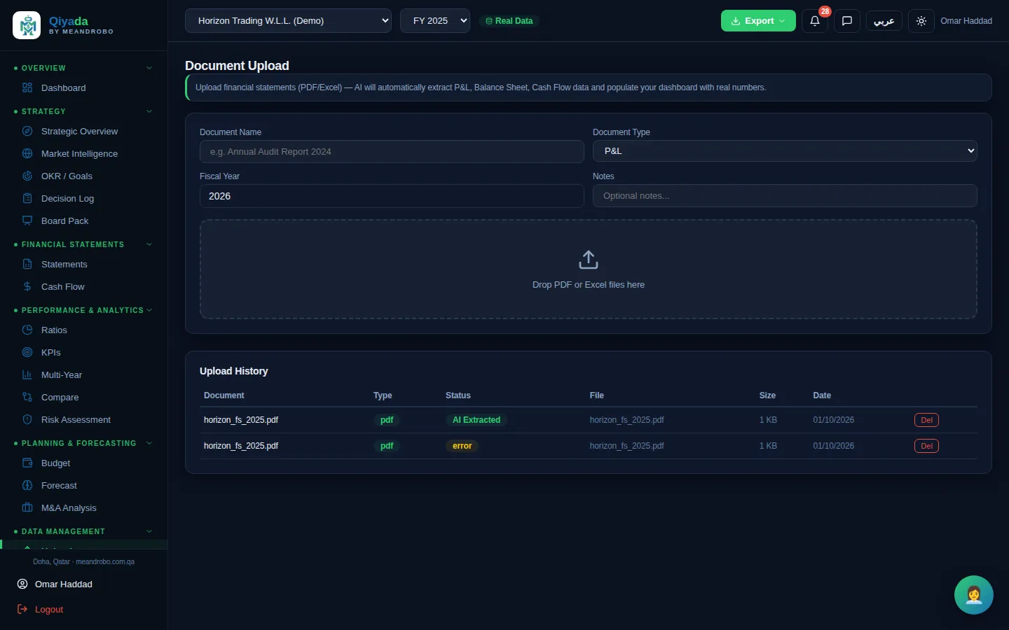 Upload — Upload income statements, balance sheets, cash flows, trial balances, audit reports and more as PDF or Excel. The AI ext