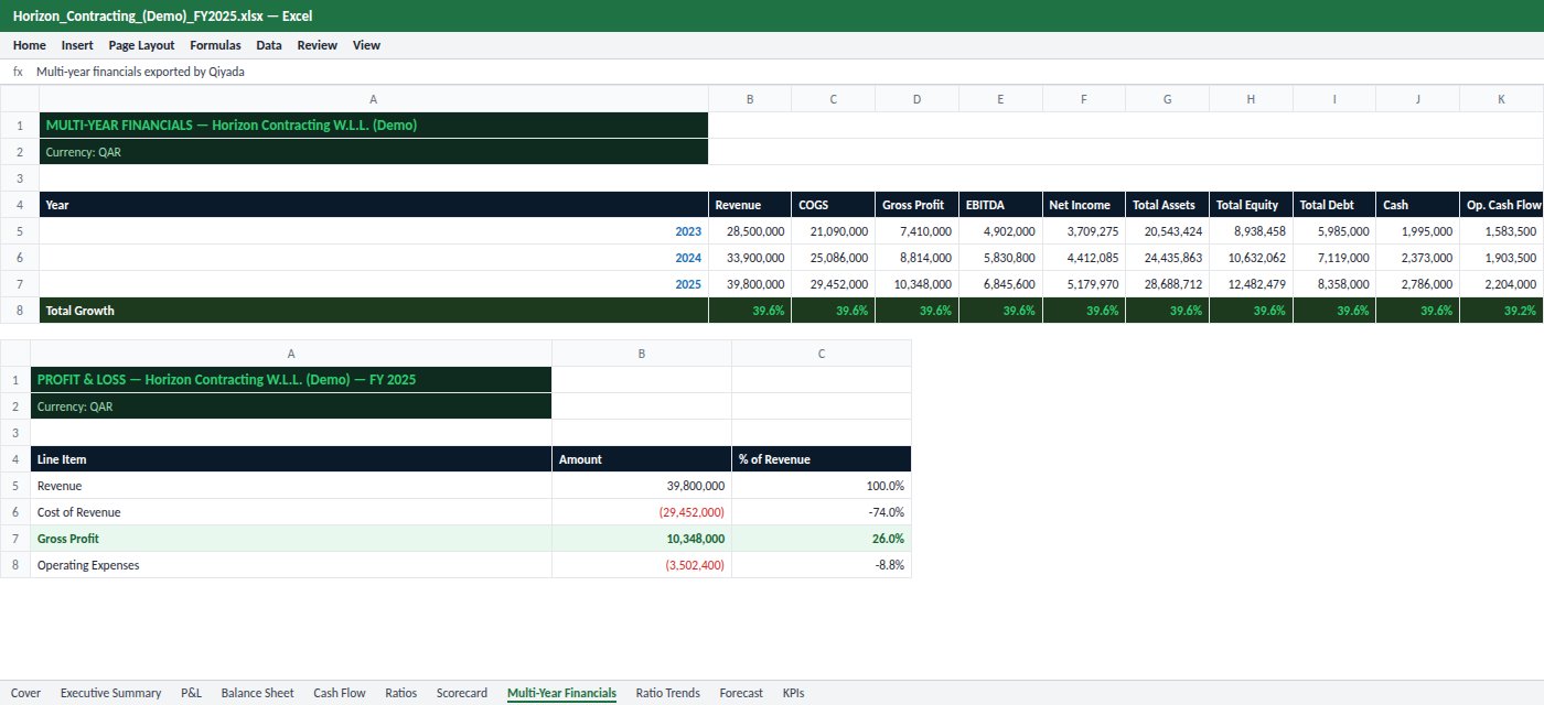 مصنّف Excel يضم البيانات المالية متعددة السنوات وورقة الأرباح والخسائر